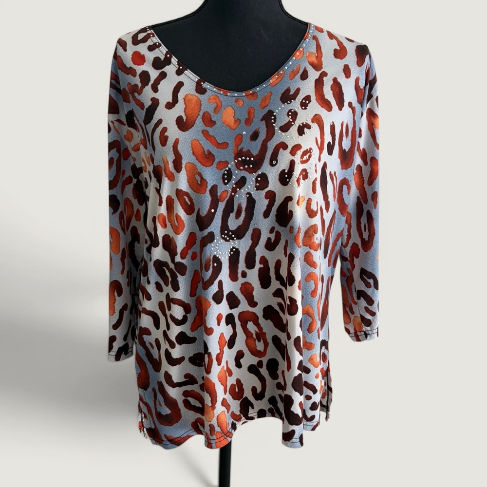 Valentina Blue Leopard Rhinestone 3/4 Sleeve Tunic Top Womens XL Y2K GrandmaCore